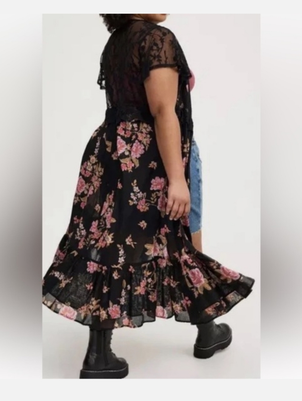 Torrid Black Floral Lace Maxi Kimono Size 1